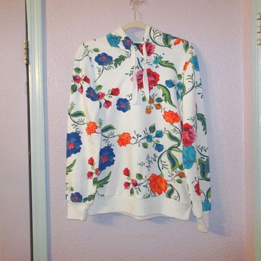 Rainbow Floral Oversized Hoodie Size XXS French Terry Pullover Sweatshirt Beach